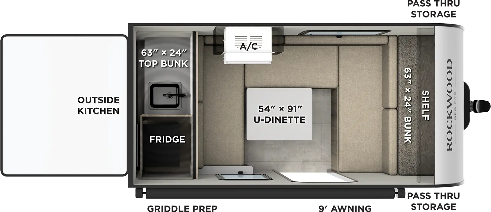 The Rockwood Geo Pro G11LE floorplan has one entry and zero slide outs. Exterior features include: fiberglass exterior, 9' awning and outside kitchen. Interiors features include: u-dinette.